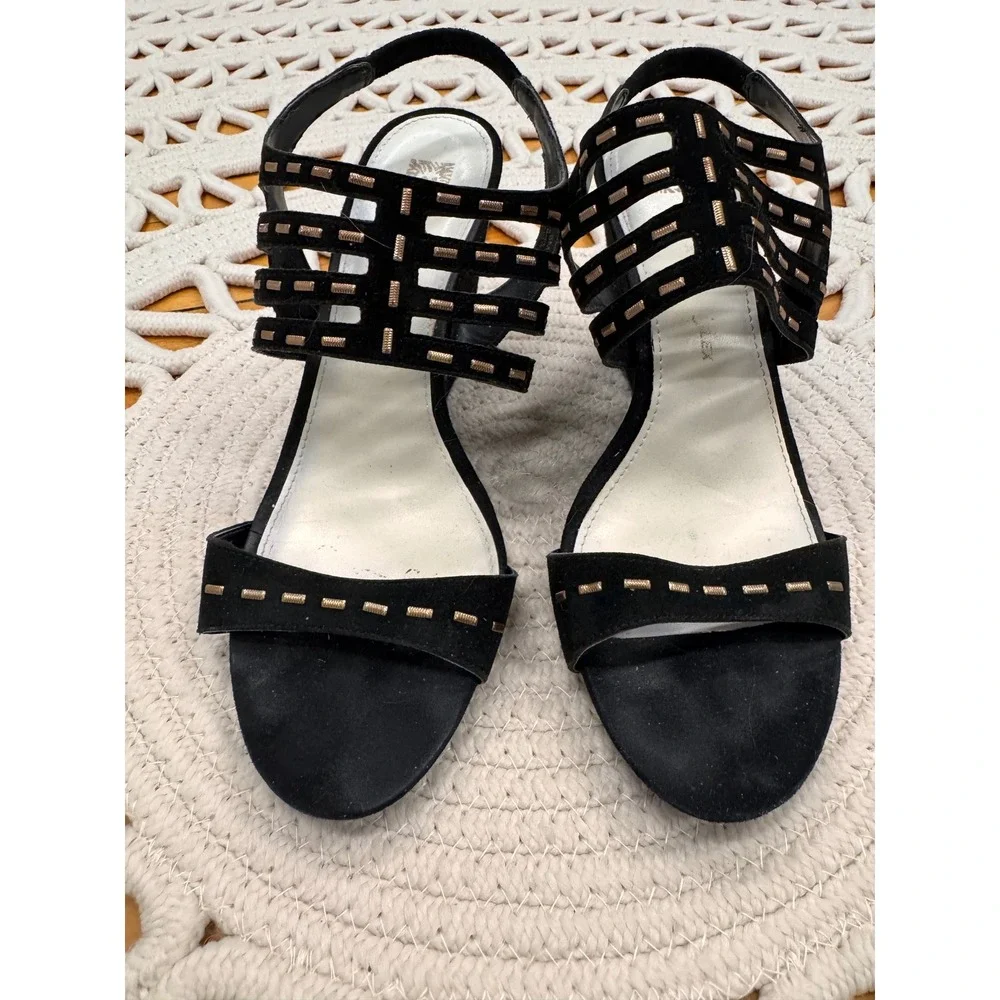 Anne‎ Klein Aktrisa Black Leather Gold Studded Wedge Sandals Sz 8M